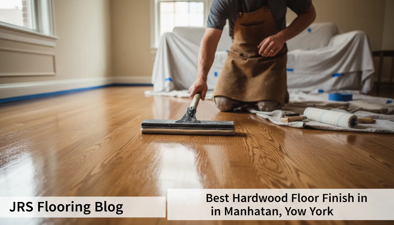 Detailed image of a craftsman applying a best hardwood floor finish, New York NY Manhattan, ensuring a smooth and even application for a high-quality result.