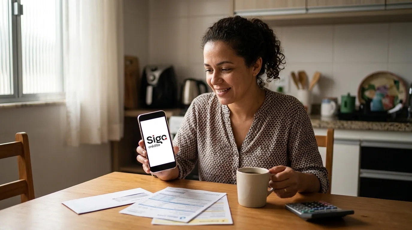 Mulher gerencia finanças e busca crédito rápido pelo celular na cozinha.