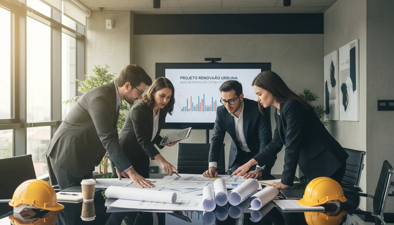 Profissionais analisando documentos e estratégias para retomada de obra em ambiente de escritório moderno.