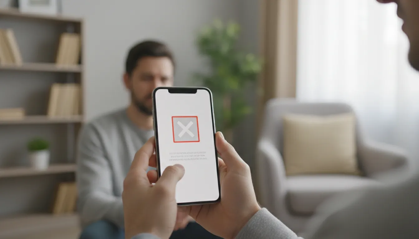 Financiamento negado o que fazer: Pessoa recebe notificação de recusa de crédito no celular, com expressão de frustração.