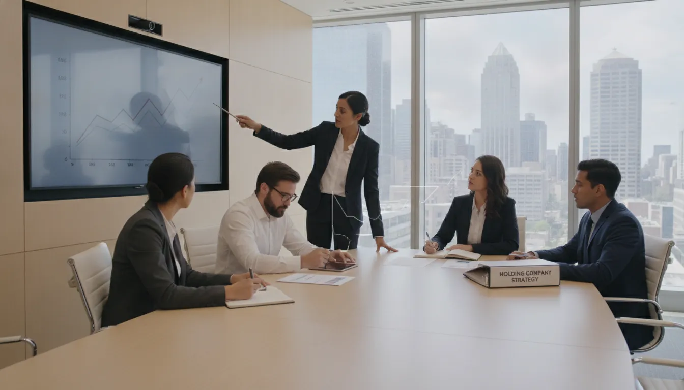 Equipe de negócios discutindo estratégias financeiras em sala de reunião, focando na delaware holding company.
