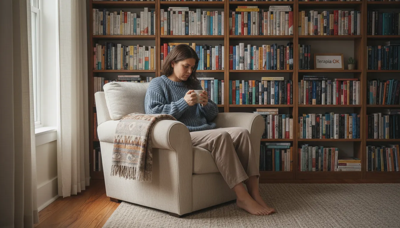 Mulher relaxada tomando chá, cercada por livros, simbolizando o progresso na terapia e a busca por bem-estar emocional.