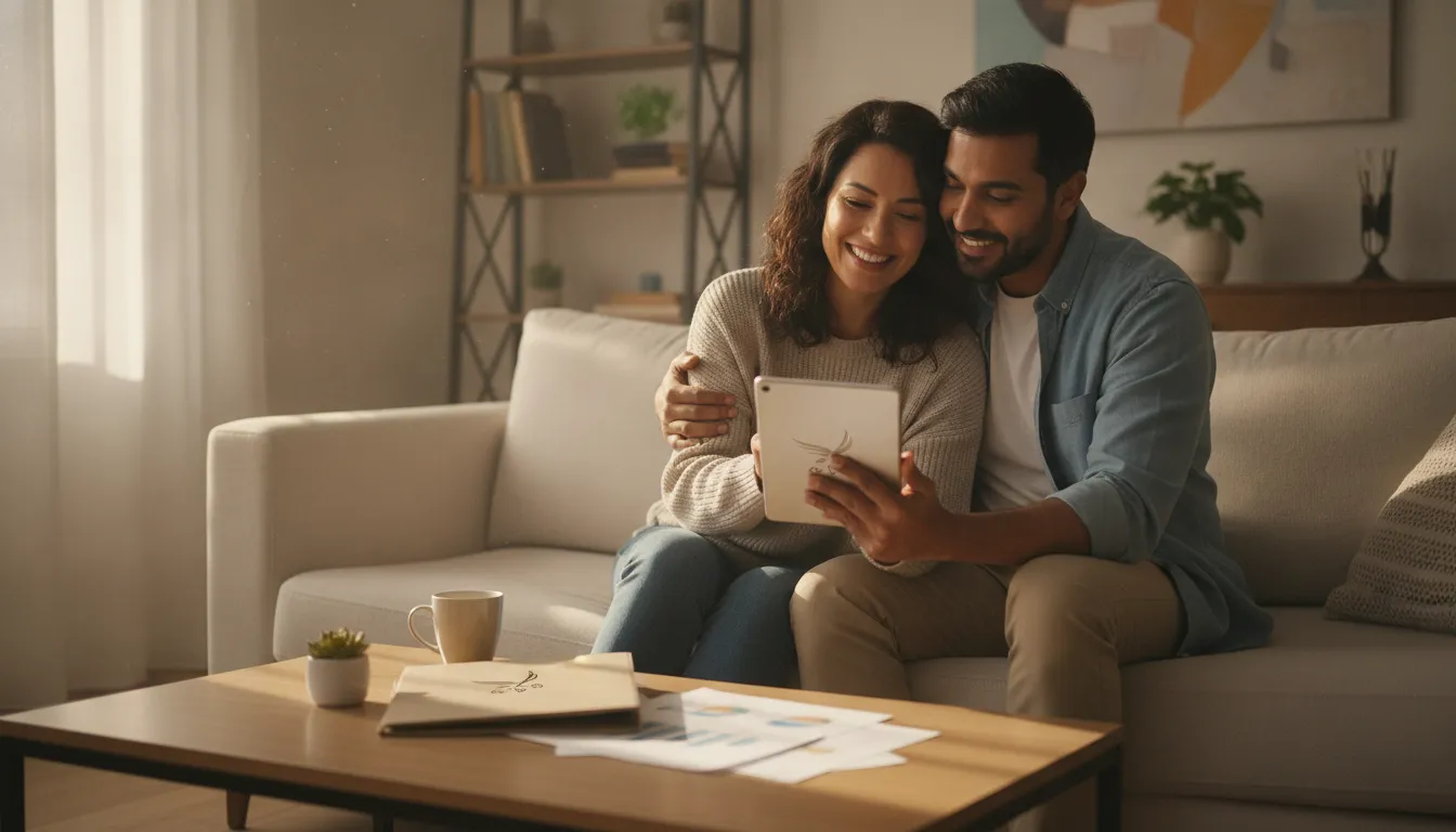 Casal feliz revisa documentos financeiros em casa, após entender como os bancos calculam capacidade de pagamento.