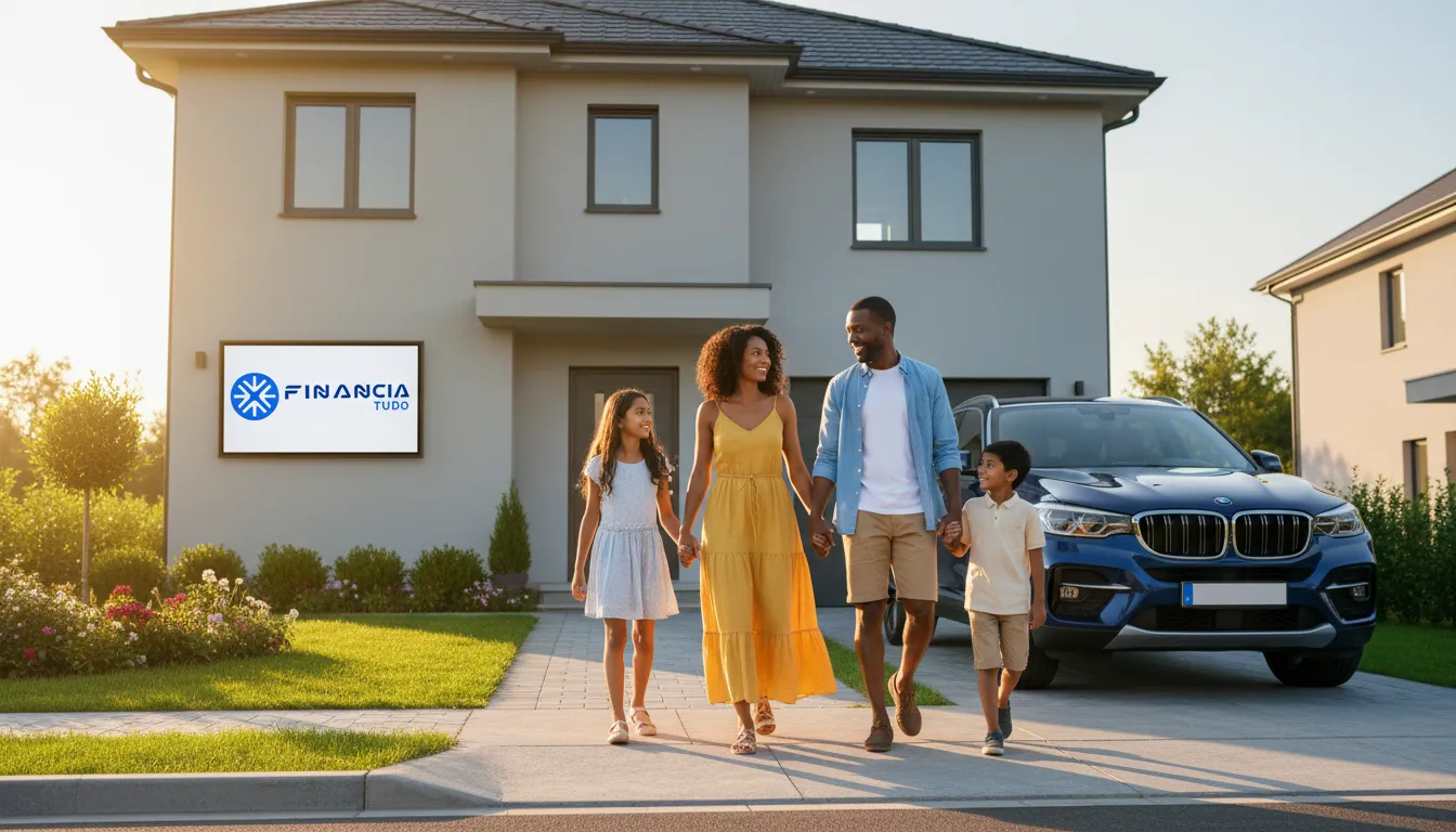 Família feliz com seus objetivos financeiros alcançados através do refinanciamento veículo financiado e planejamento.