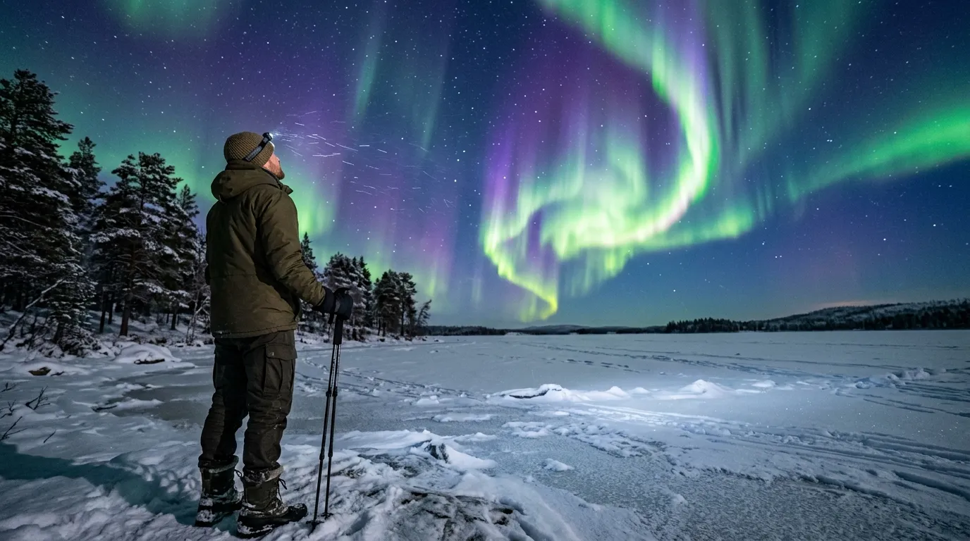 Viajante contemplando luzes polares dançando no horizonte gélido, demonstrando onde ver aurora boreal.