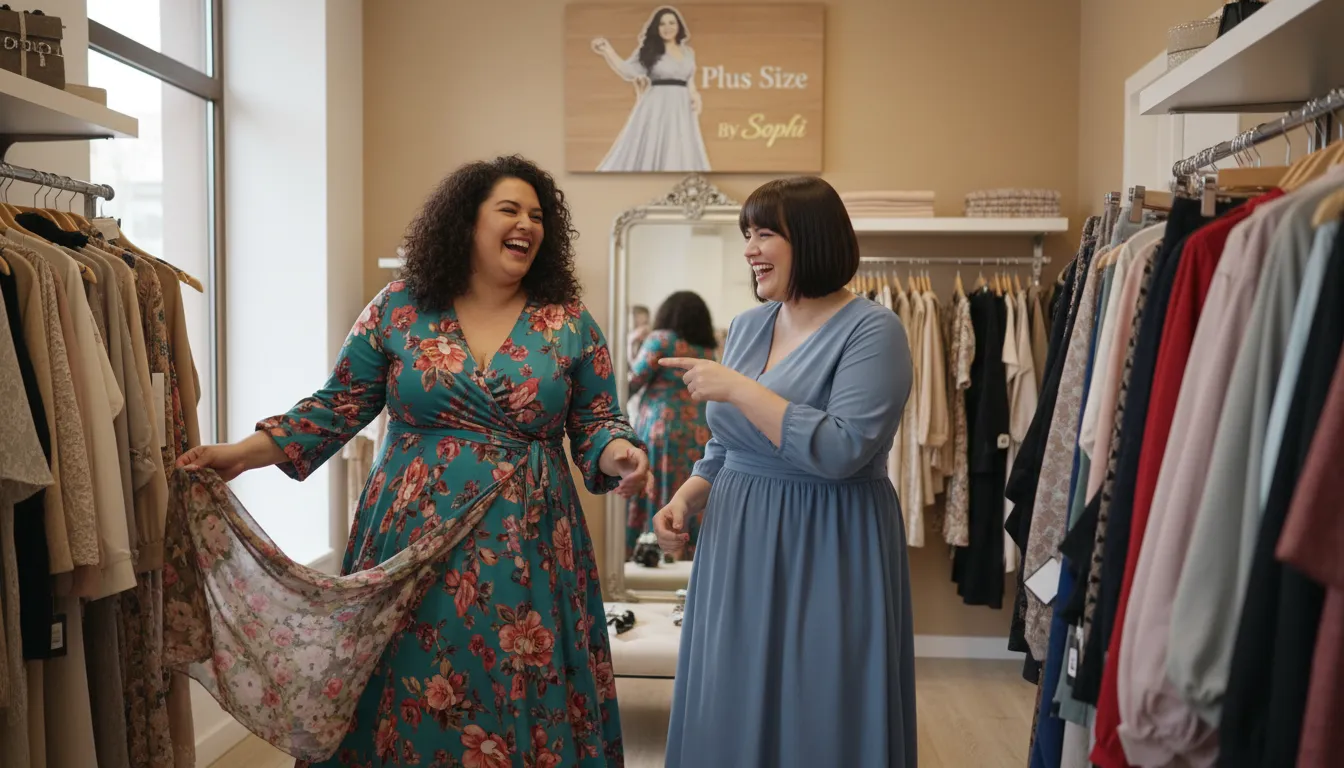 Amigas experimentando roupas plus size na By Sophi, destacando a atmosfera divertida e o apoio na escolha dos looks.