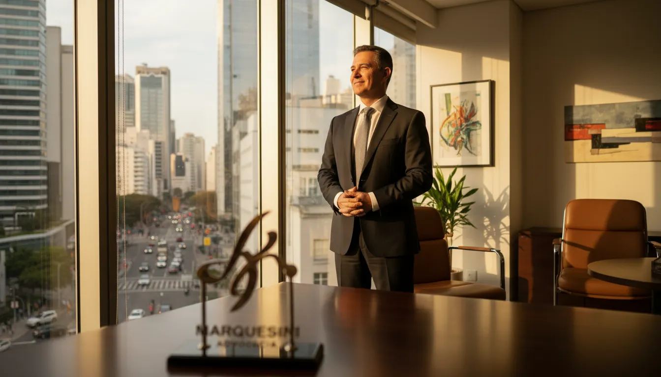 Empresário tranquilo, com a segurança jurídica proporcionada pela Marquesini Advocacia e a gestão eficaz de recursos administrativos fiscais.