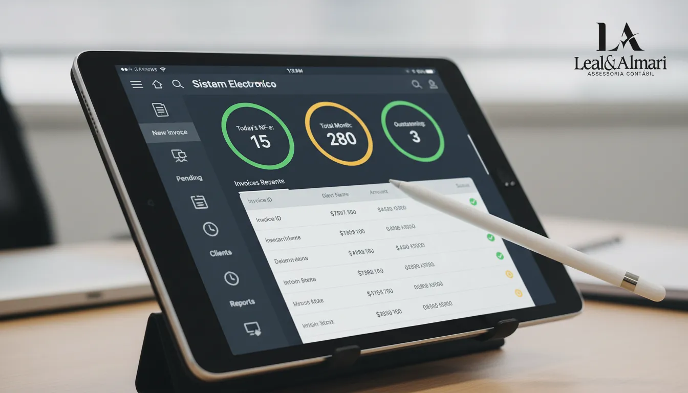 Interface de tablet intuitiva para gerenciamento de nota fiscal eletrônica NF-e, com ícones e dados em tempo real.