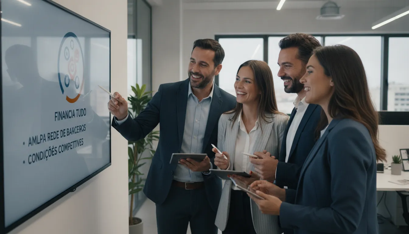 Equipe de imobiliária discute estratégias para cliente com crédito negado, usando Financia Tudo.
