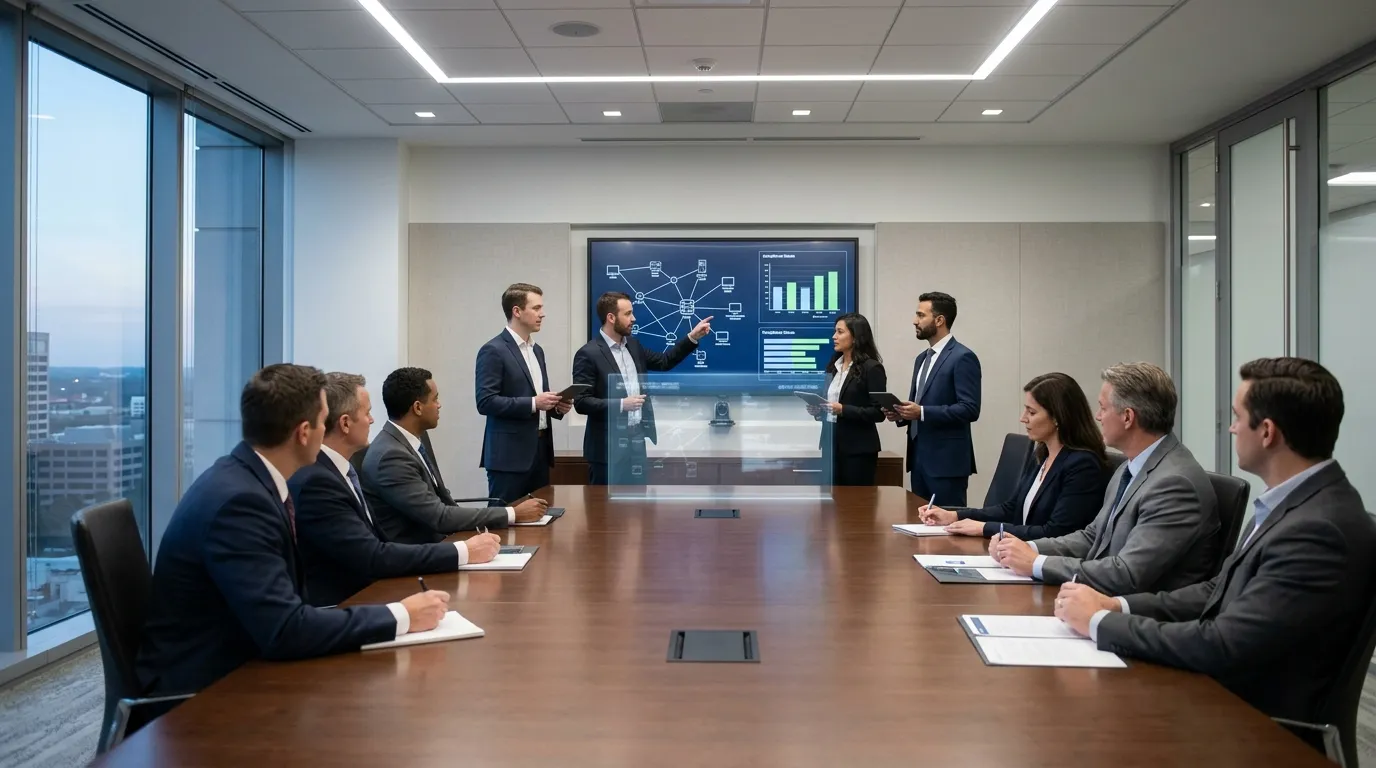 Consultores apresentando resultados de auditoria forense e conformidade para diretoria empresarial.