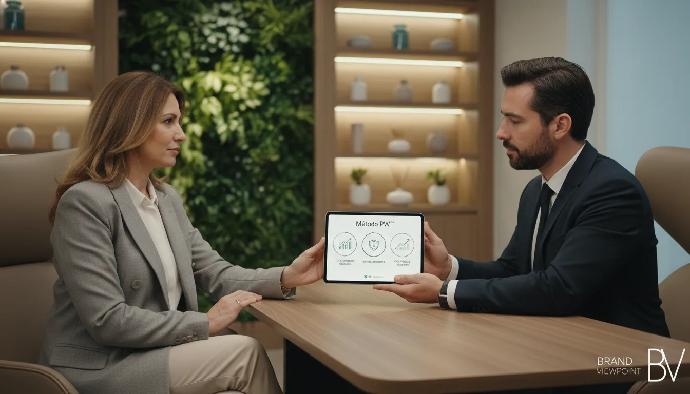 Reunião em uma clínica wellness premium com uma consultora de marketing apresentando o 'Método PW' em um tablet, simbolizando a gestão de marketing pmes focada em resultados e autoridade de marca.
