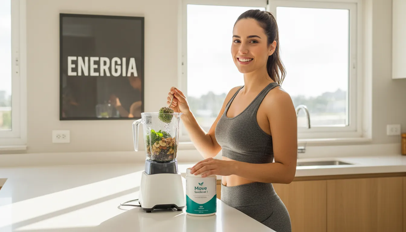 Mulher sorrindo preparando um smoothie com vegetais verdes, nozes e sementes. Informações sobre magnésio para que serve e seus benefícios.
