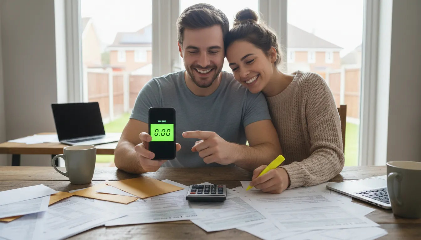 Casal analisando documentos e consultando smartphone, expressando alívio por isenção do Imposto de Renda 2026