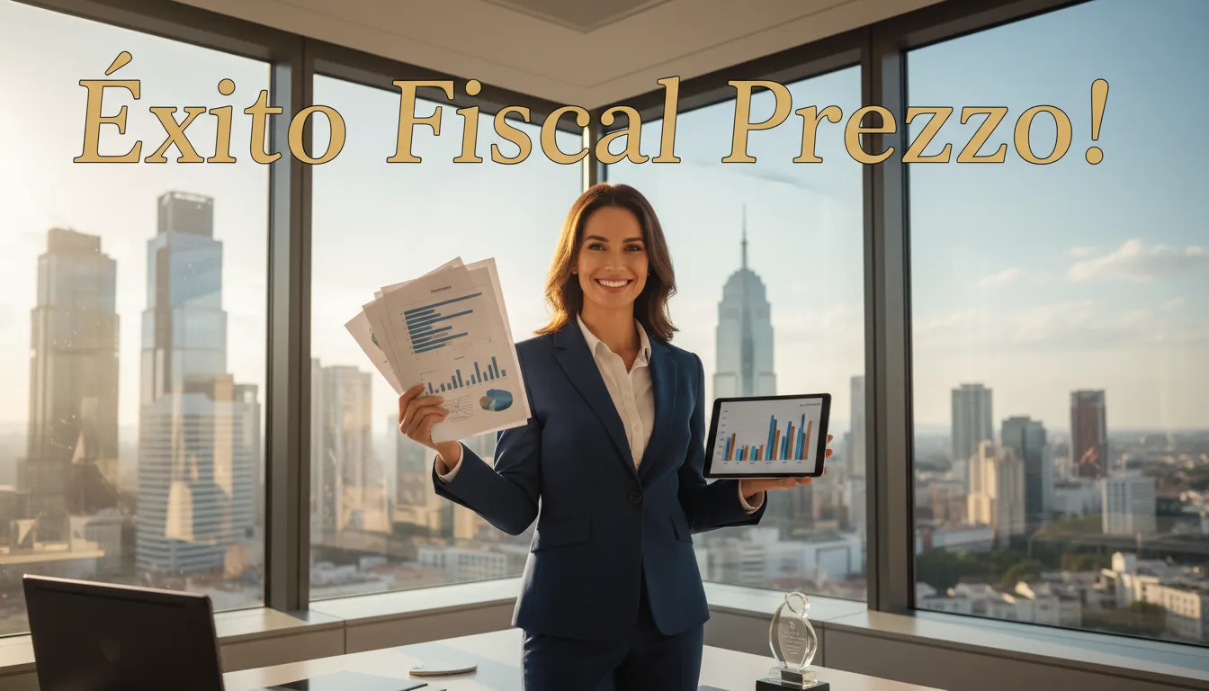 Dueño de negocio celebra el éxito financiero tras optimizar sus impuestos, reflejando 'Cómo pagar menos impuestos en Estados Unidos'. Prezzo Consulting.