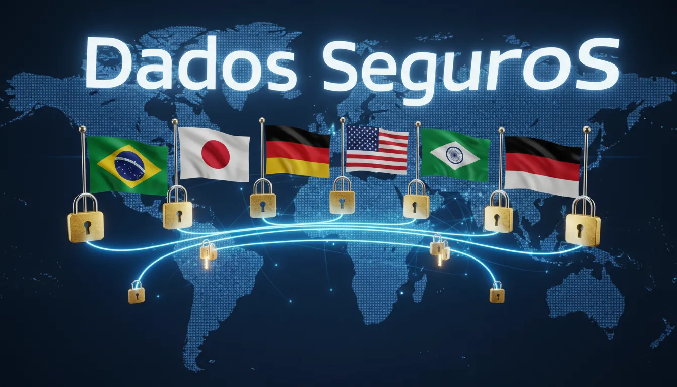 Ilustração de dados fluindo com segurança entre países, simbolizando a proteção de dados na cross border workforce e a importância da segurança da informação.