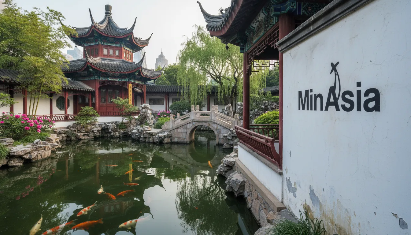 Jardim Yuyuan em Xangai, China, com pavilhão tradicional, lago de carpas e vegetação exuberante em luz natural.