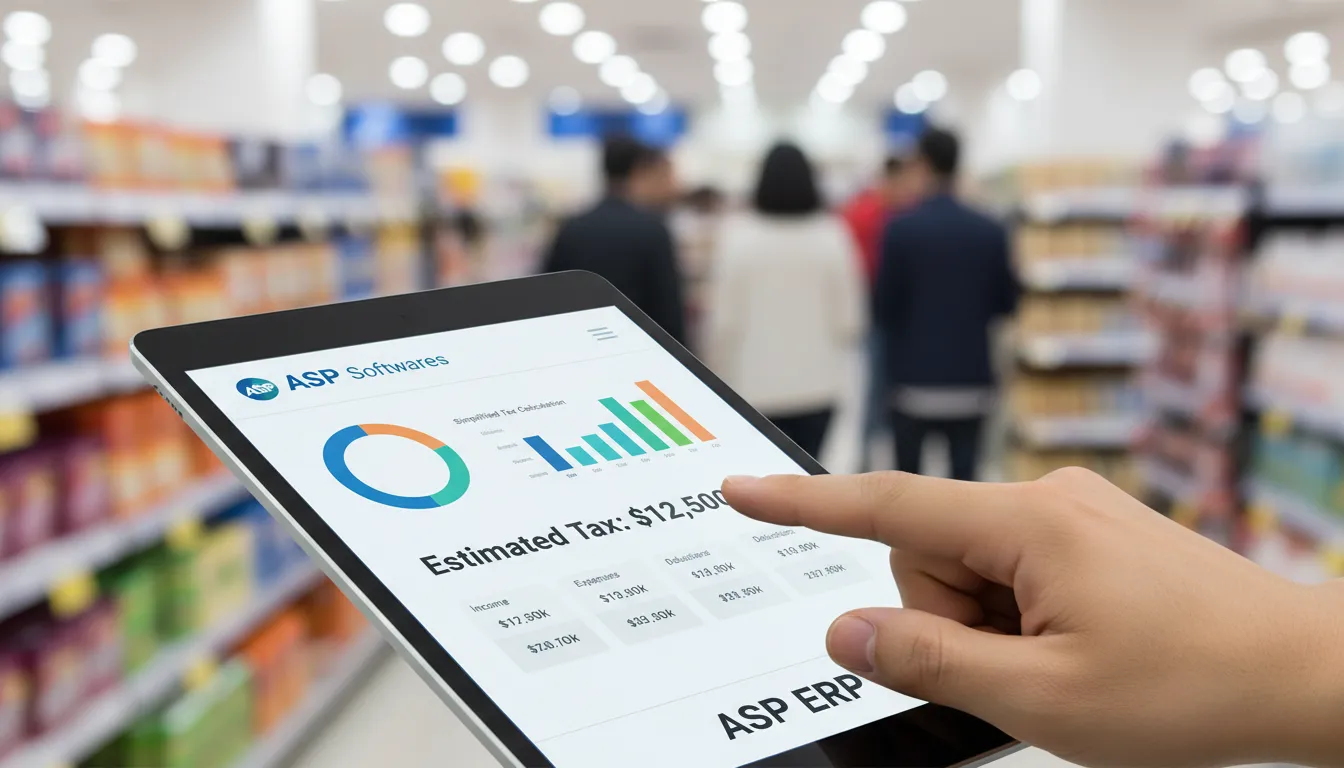 Interface do aplicativo ASP Softwares em um tablet, mostrando um dashboard simplificado de cálculo de impostos, ideal para gestão eficiente da substituição tributária em lojas.