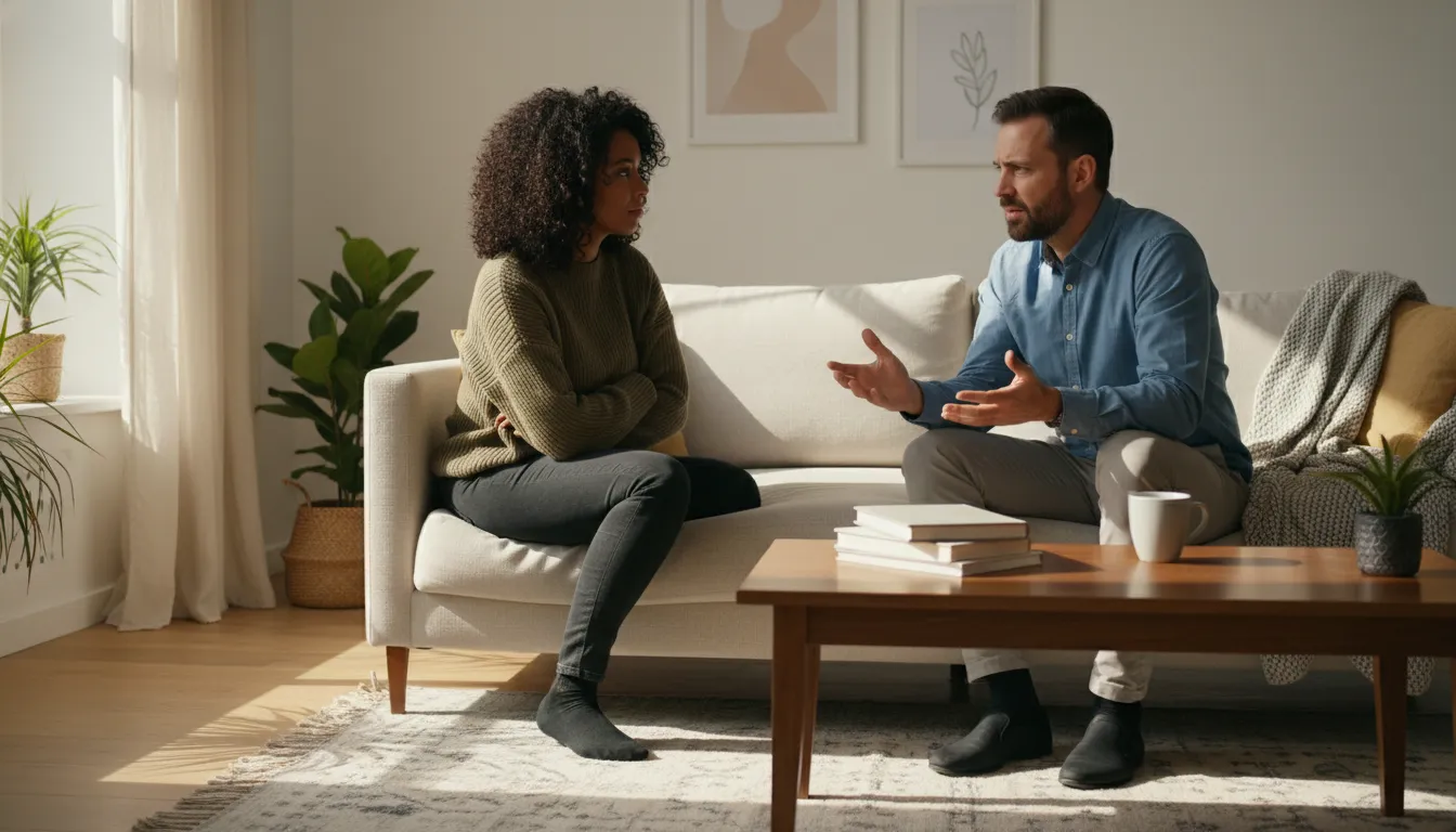 Casal discute futuro, dilemas do casamento. Psicanálise oferece suporte para comunicação e entendimento.