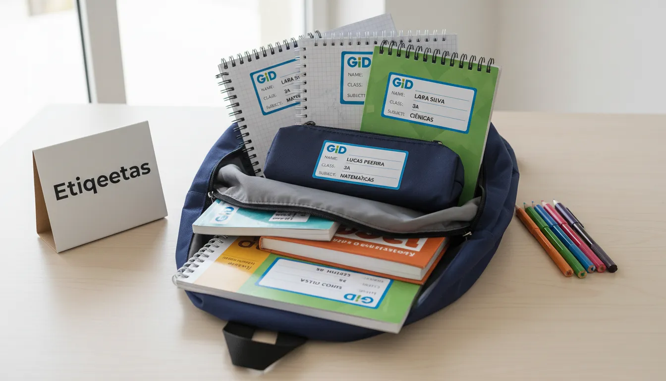 Mochila infantil aberta sobre uma mesa, mostrando cadernos e livros identificados com Adesivos Escolares personalizados da GID, demonstrando a organização facilitada.