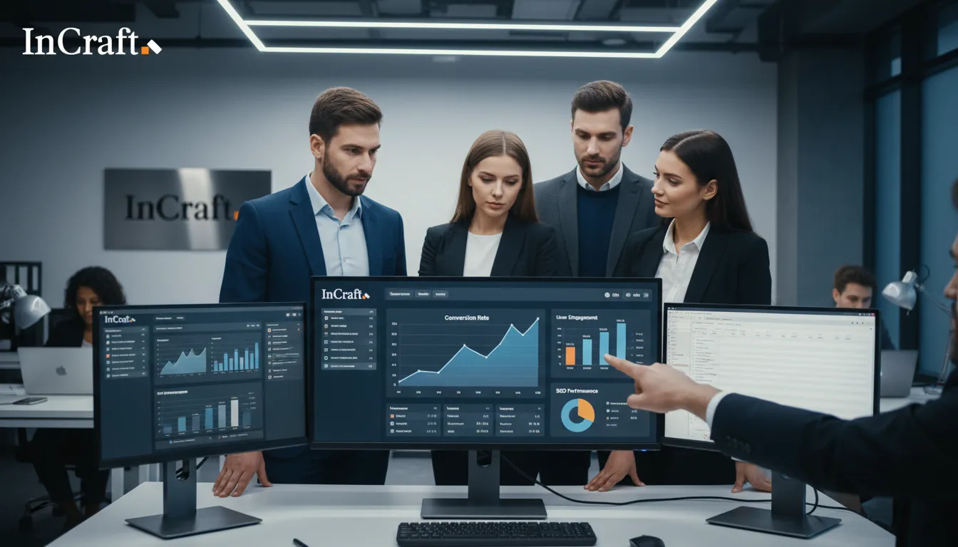 Equipe de marketing analisando métricas de performance e conversão de um site para empresa B2B em um dashboard.