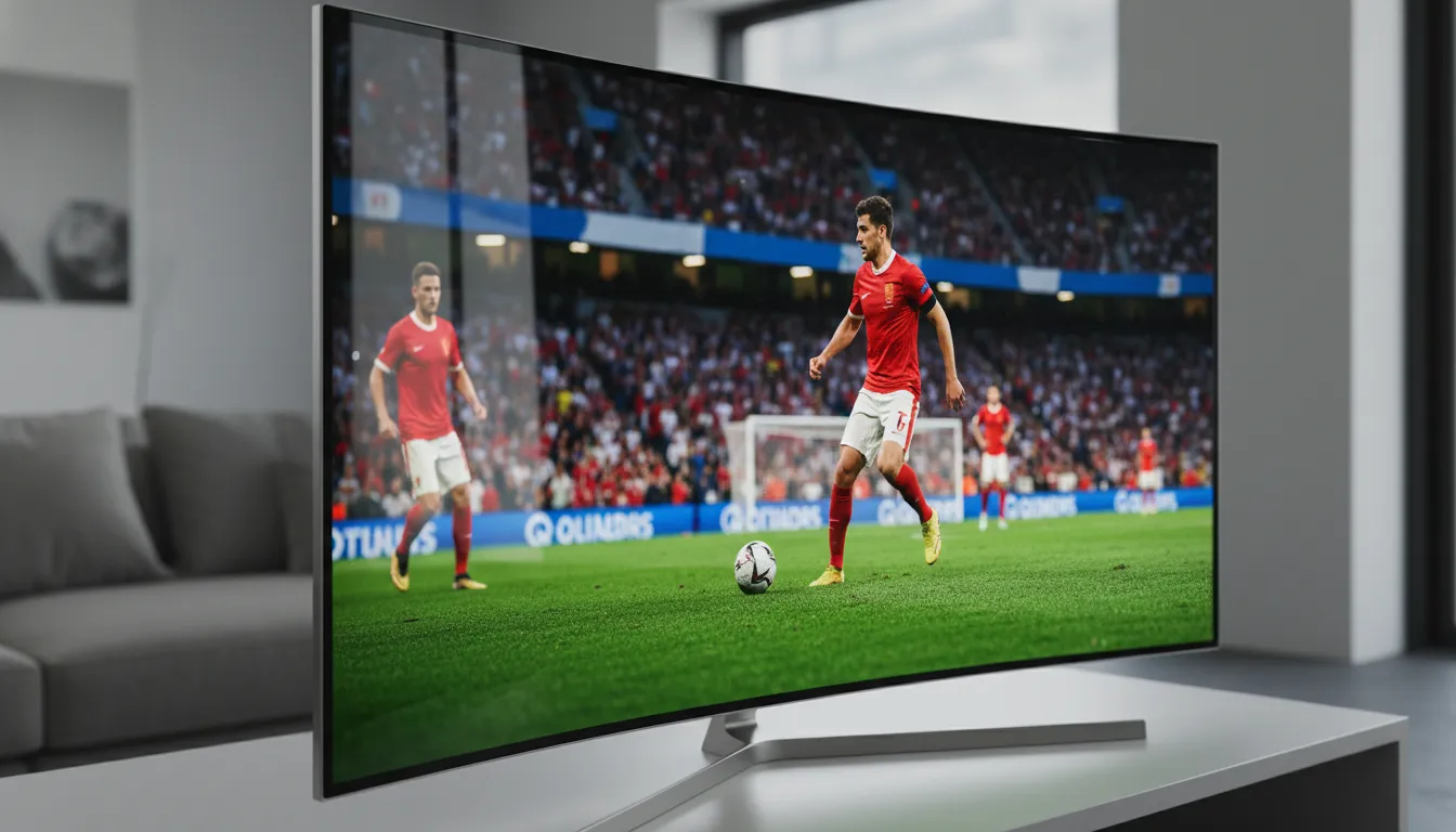 Detalhe da melhor tv para assistir a Copa 2026, exibindo imagem nítida e cores vibrantes de um jogo de futebol.
