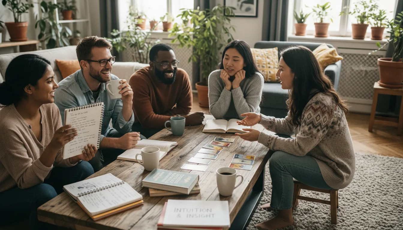Transforme sua vida com as orientações do Tarot Grupo praticando leitura de Tarot de forma amigável, compartilhando aprendizados em ambiente acolhedor.
