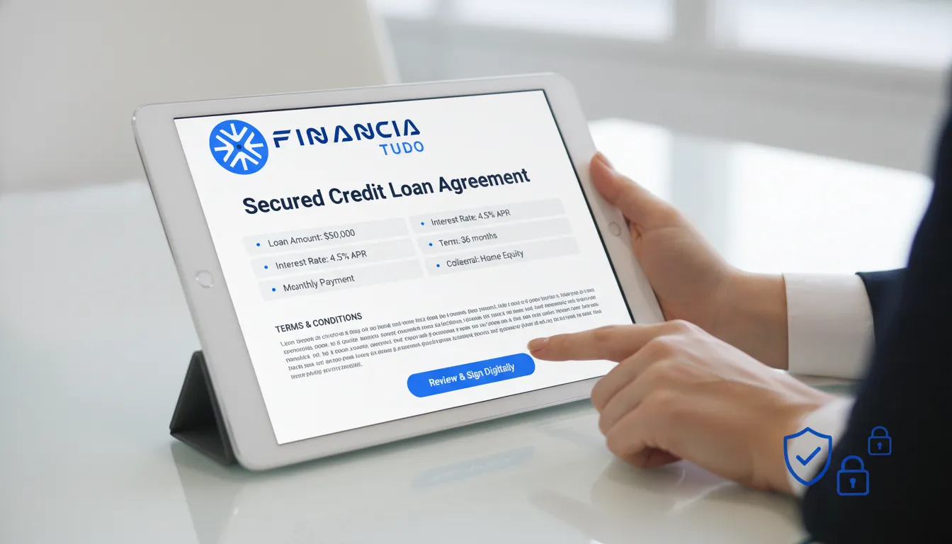 Interface digital da Financia Tudo com termos transparentes e segurança nos juros crédito com garantia.