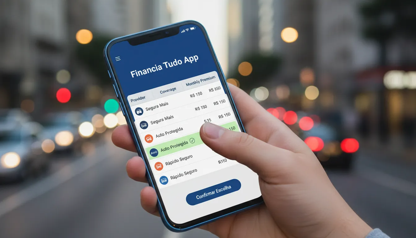 Interface do aplicativo Financia Tudo em um smartphone, exibindo uma tabela comparativa de cotações de seguro auto e proteção veicular, destacando a facilidade de escolha.