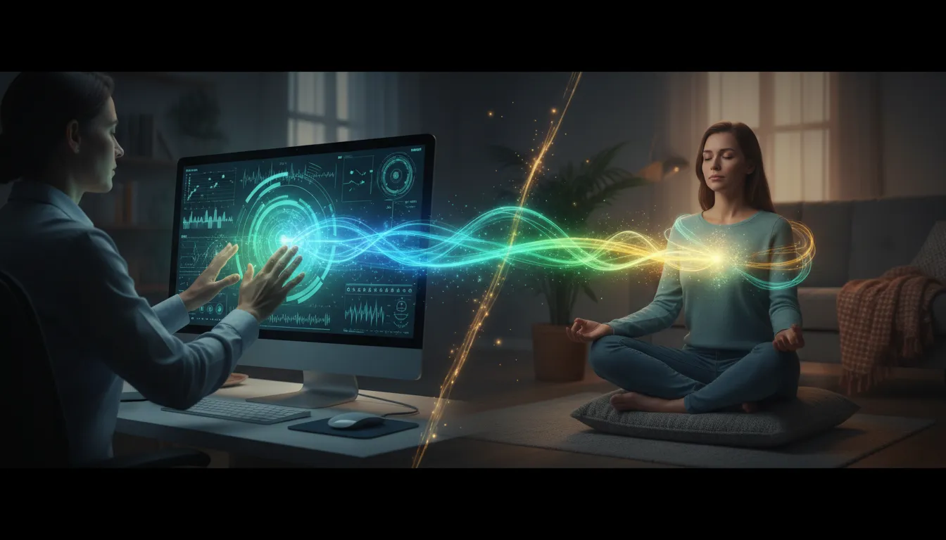 Visualização da terapia energética apométrica online, com a energia fluindo do terapeuta para o paciente em meditação.