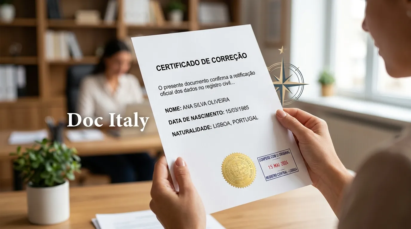 Consultor explicando a necessidade de retificação de documentos para cidadania italiana apontando para tela.