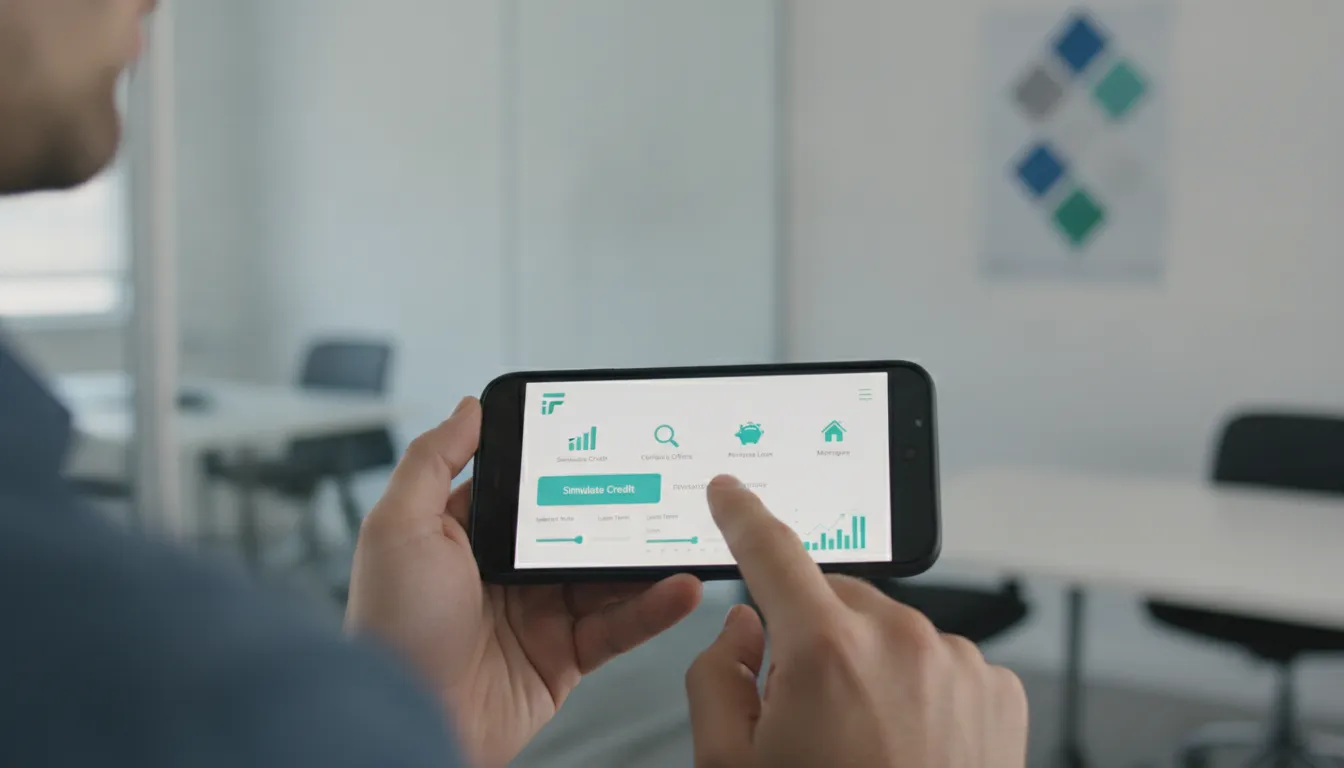 Pessoa simula impacto do financiamento no orçamento, usando aplicativo Financia Tudo no smartphone.