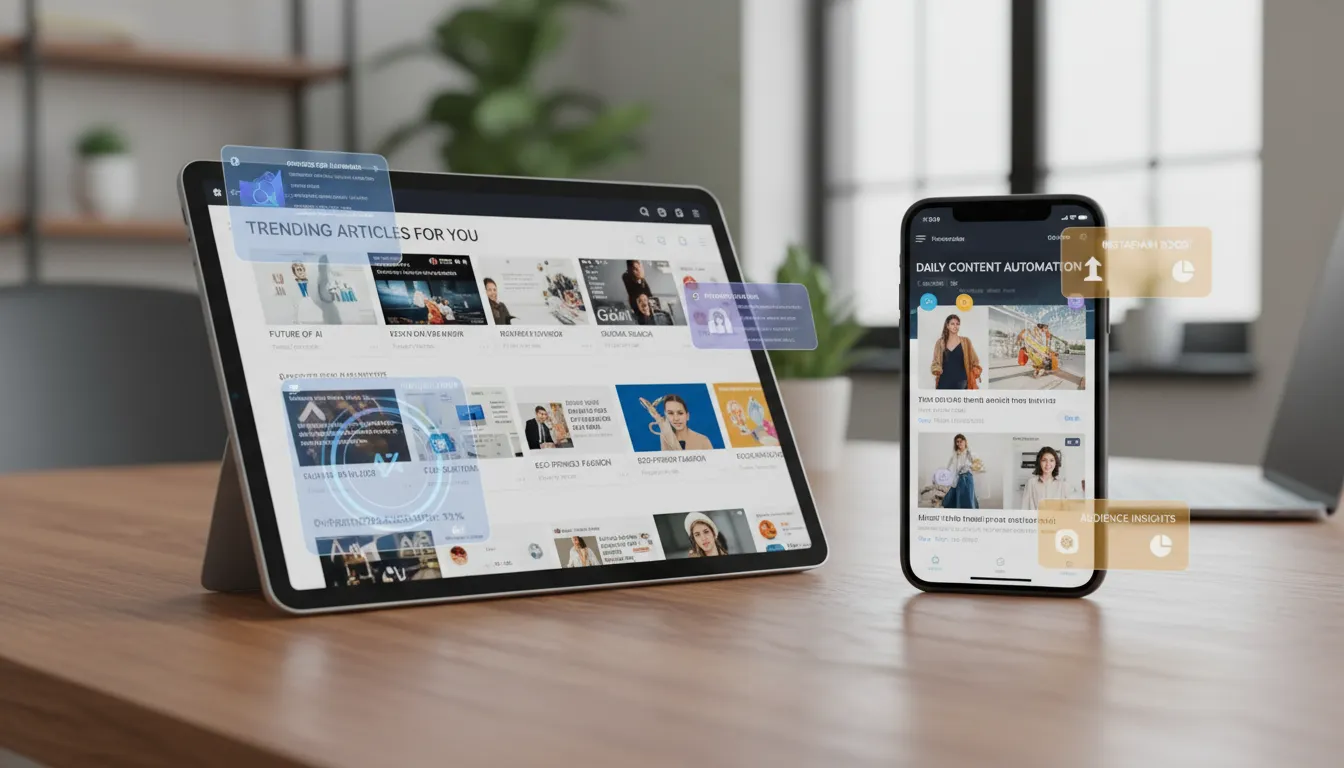 Dispositivos exibindo feeds personalizados de artigos distribuídos automaticamente por IA