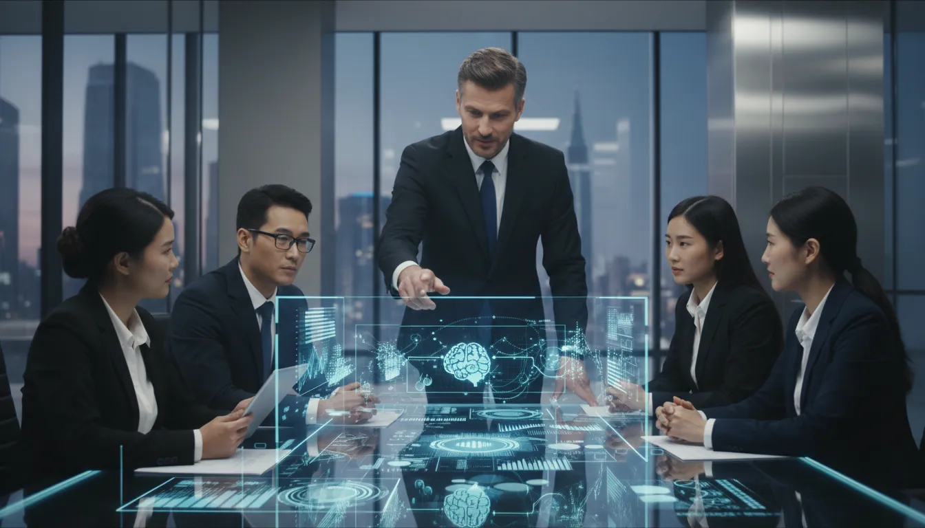 Profissionais de negócios analisam dados holográficos, evidenciando como a Deloitte: Escalar a inteligência autônoma impulsiona o crescimento. Imagem fotorrealista.