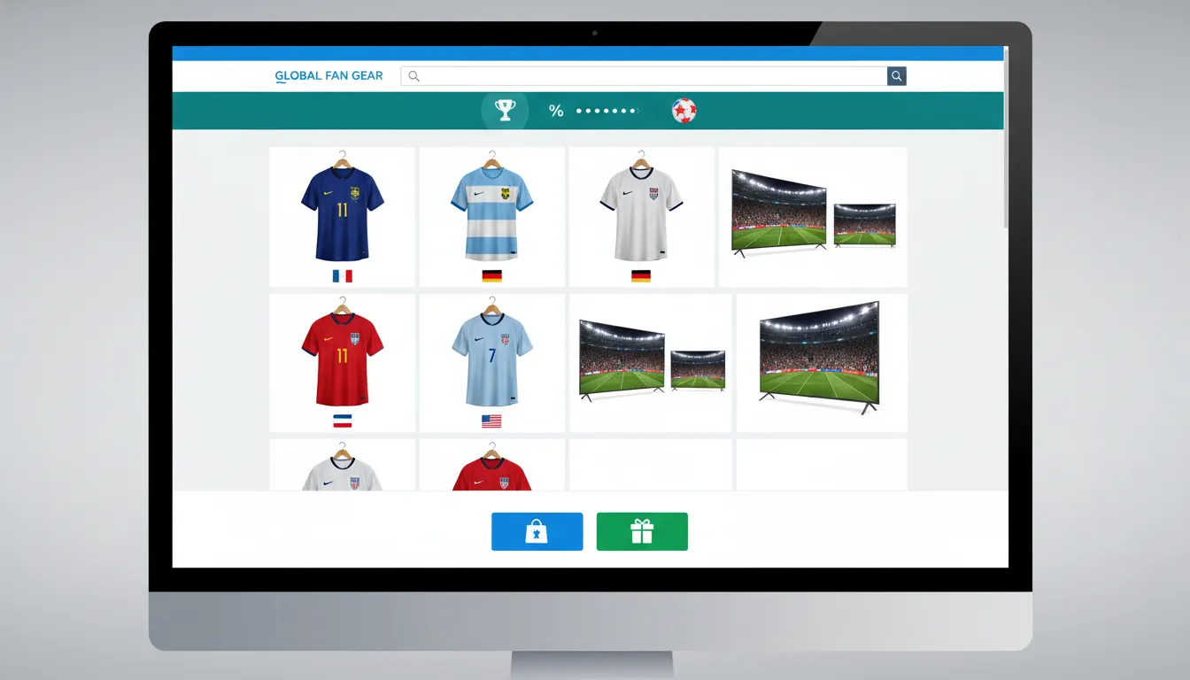 Loja online com camisas de seleções e TVs para assistir aos jogos, mostrando resultado copa 2026 e ofertas especiais.