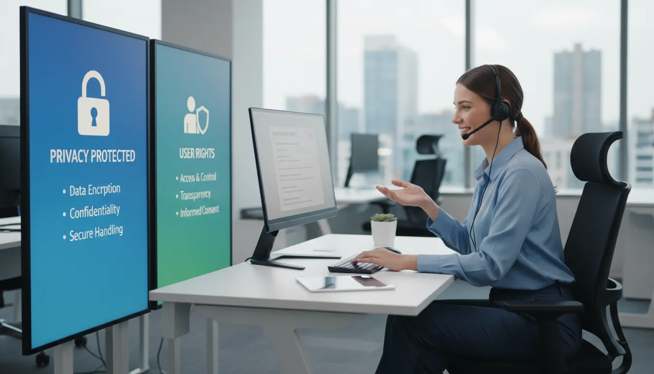 Atendente sorrindo, oferecendo suporte ao cliente com infográficos sobre privacidade e direitos do usuário