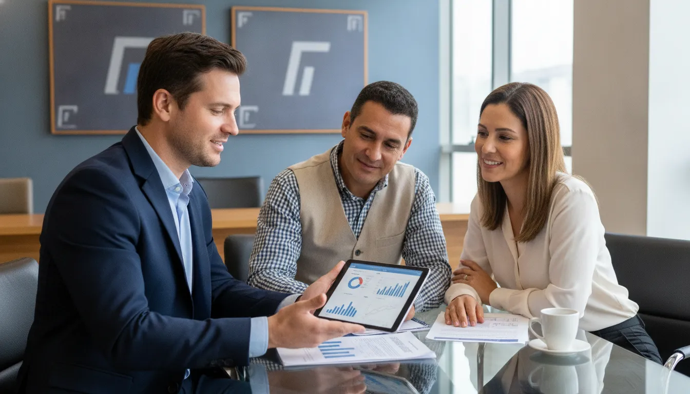 Consultor financeiro explicando soluções para fluxo de caixa para caminhoneiros em escritório.