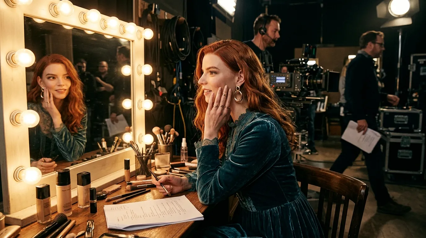 Composição de camarim cinematográfico unindo figurino de cena e acessórios elegantes com foco em Sadie Sink e moda.