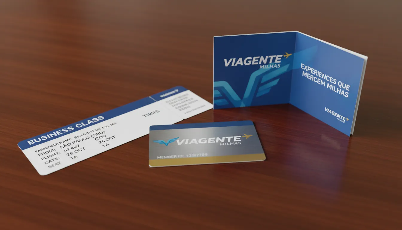 Detalhe de uma passagem aérea e cartão de fidelidade em mesa de madeira, ao lado de brochure da Viagente. Viaje com milhas para a classe executiva.