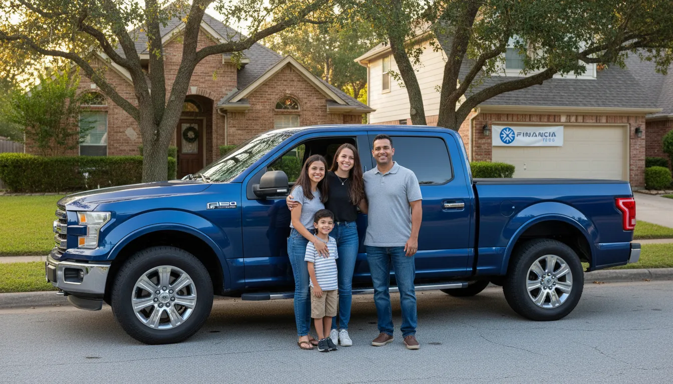 Família sorrindo em frente ao caminhão usado recém-adquirido com um bom plano de financiamento de caminhão usado.