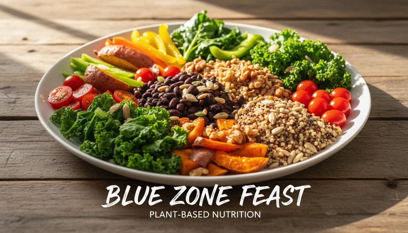 Refeição típica das Blue Zones com vegetais frescos, grãos e azeite em mesa rústica ao sol.