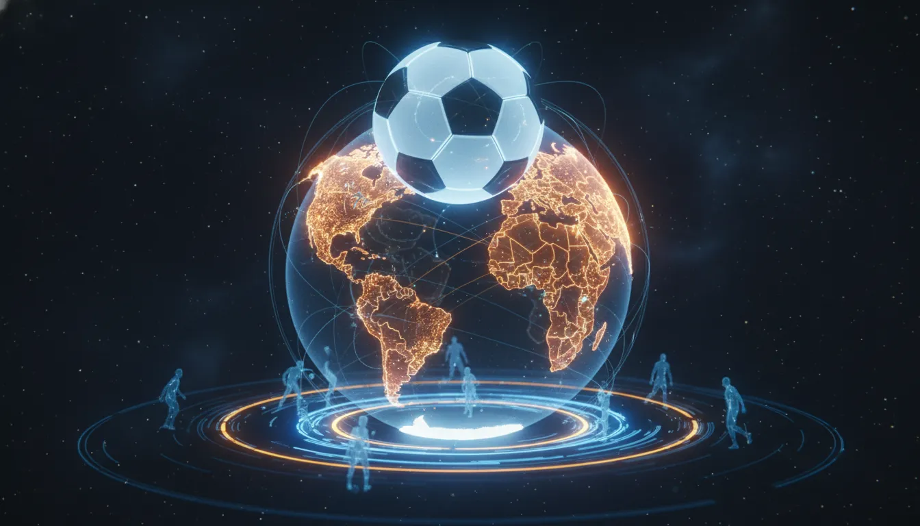 Bola de futebol brilhante sobre mapa-múndi, representando a busca pelo melhor jogador copa 2026 e a emoção global do torneio.