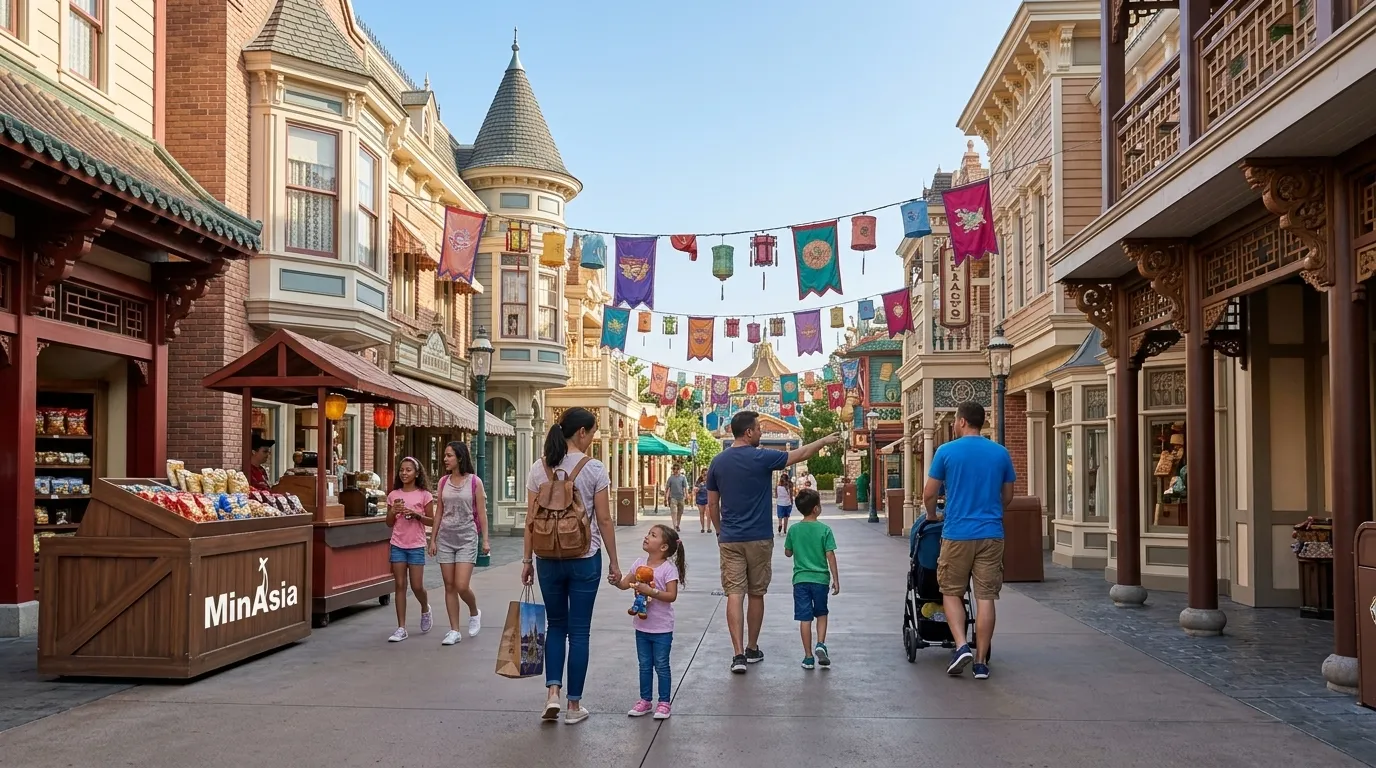 Rua principal decorada com arquitetura vitoriana no parque hong kong disneyland sob um céu azul.
