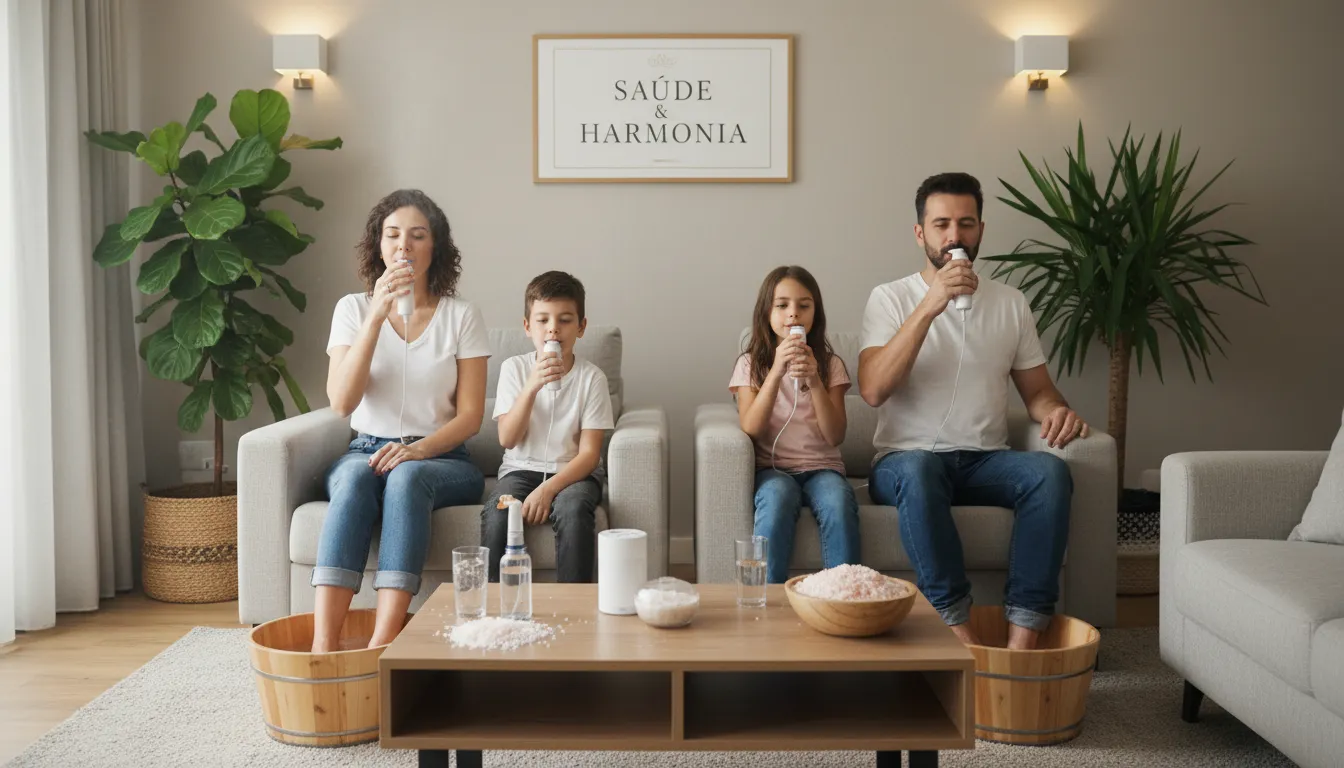 Família praticando haloterapia em casa, com crianças e adultos utilizando inaladores e escalda-pés com sal.