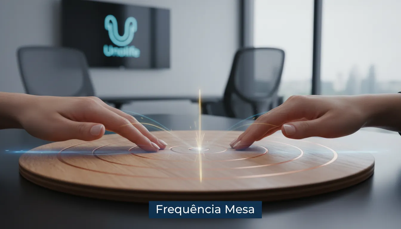 Close-up das mãos interagindo com uma placa de radiestesia, representando a prática da mesa radiônica. Unolife.