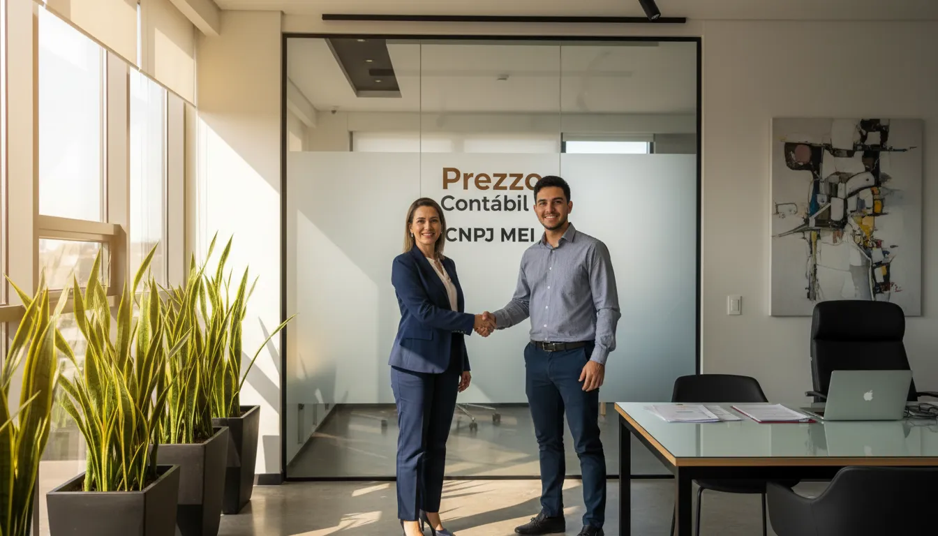 Consultor aperta a mão de empreendedor em escritório moderno, com a logo da Prezzo e o texto
