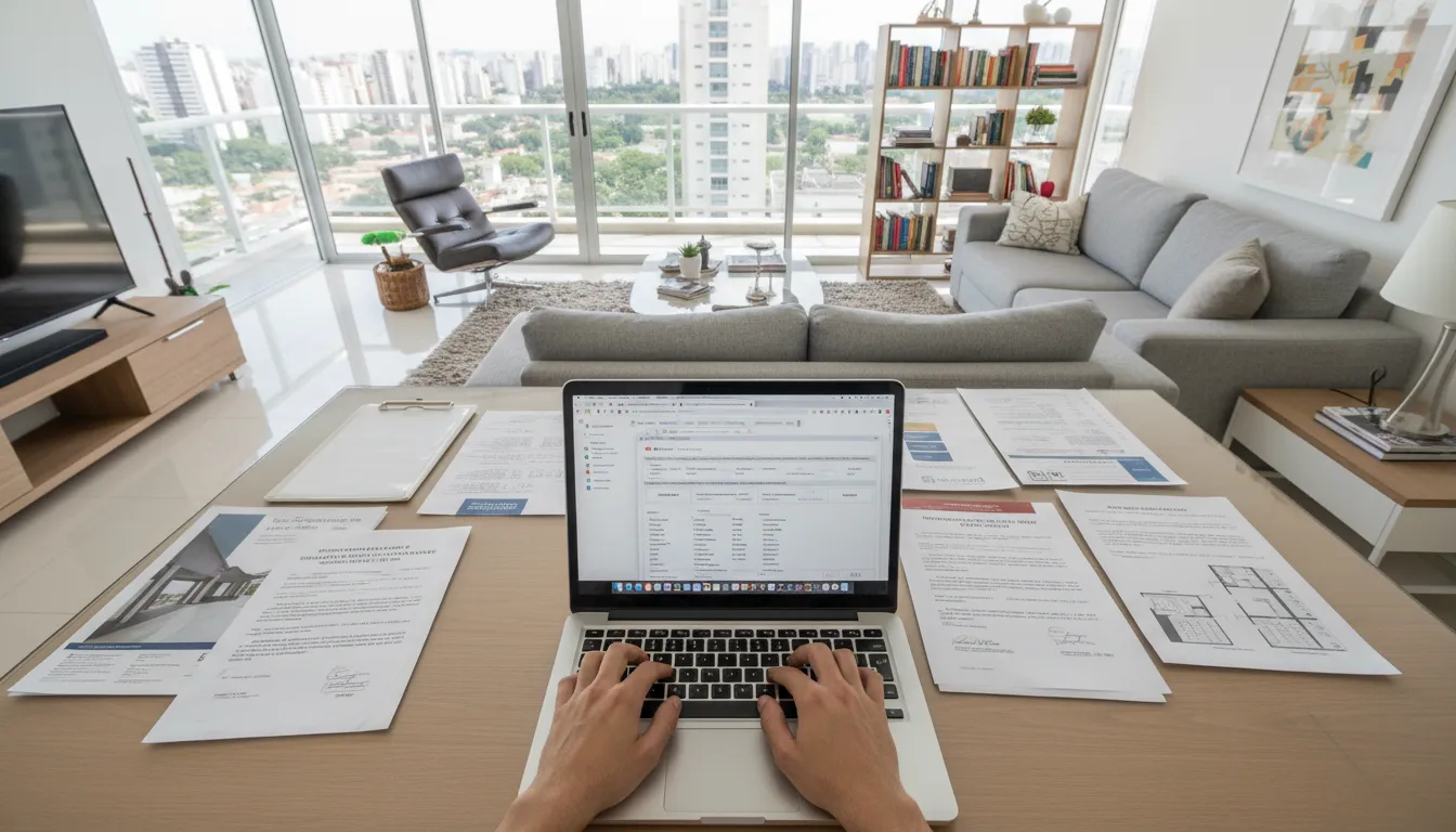Declaração de venda de imóvel sendo feita em computador com documentos de venda em destaque