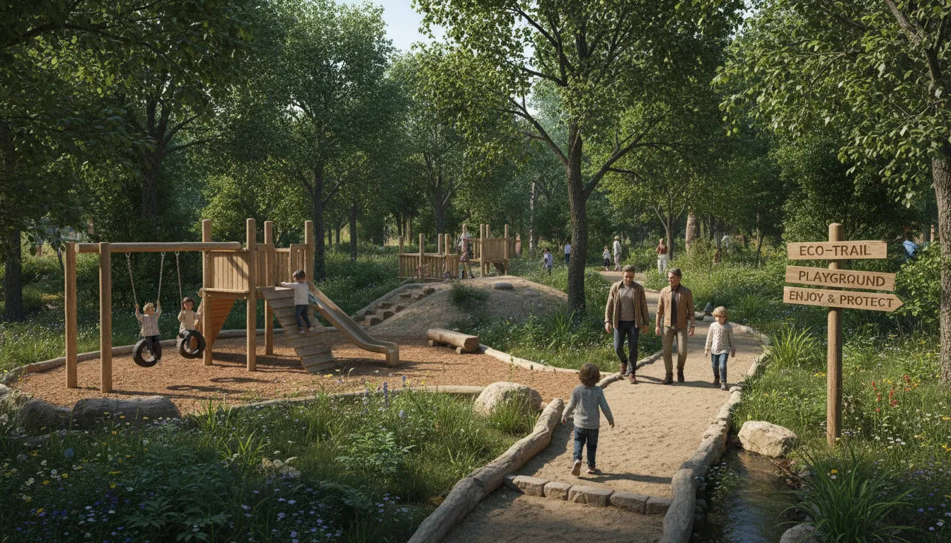 Hóspedes em trilhas ecológicas e playground de madeira junto a muito verde em área sustentável de cabanas.