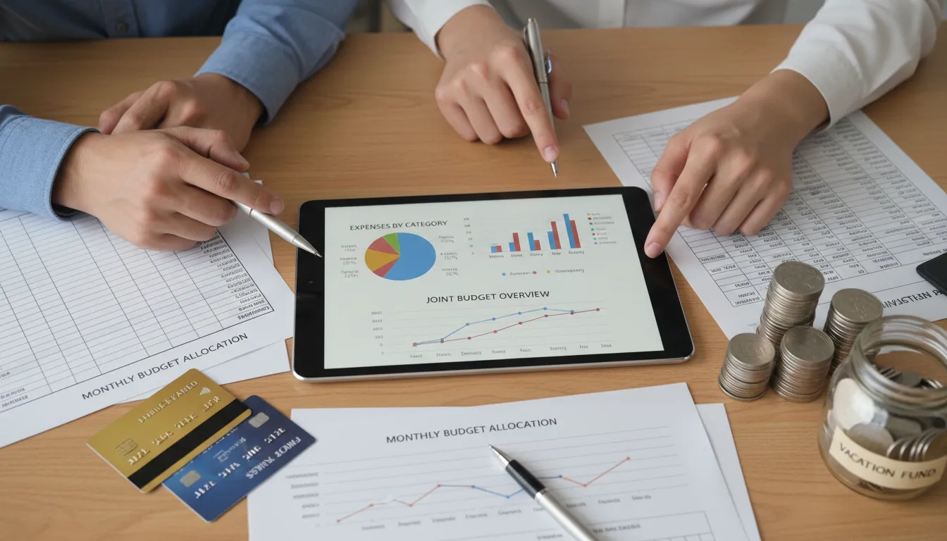 Mesa organizada com tablet, gráficos financeiros e papéis, ilustrando controle do orçamento do casal.