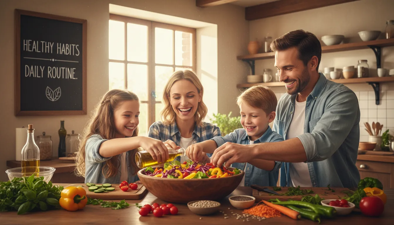 Família preparando salada de vegetais e sementes, sorridentes na cozinha, reforçando práticas saudáveis
