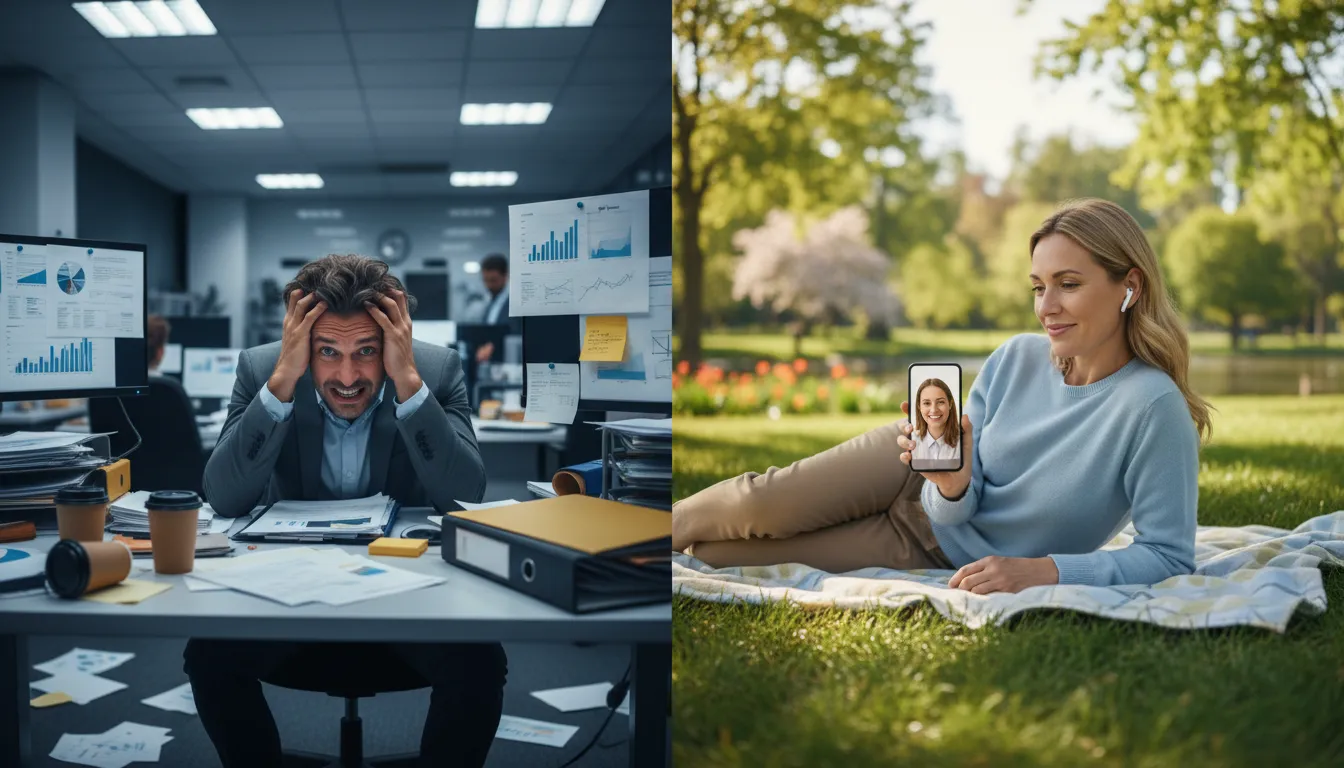 Comparativo: estresse no trabalho versus calma na terapia online, mostrando o impacto na saúde mental online.